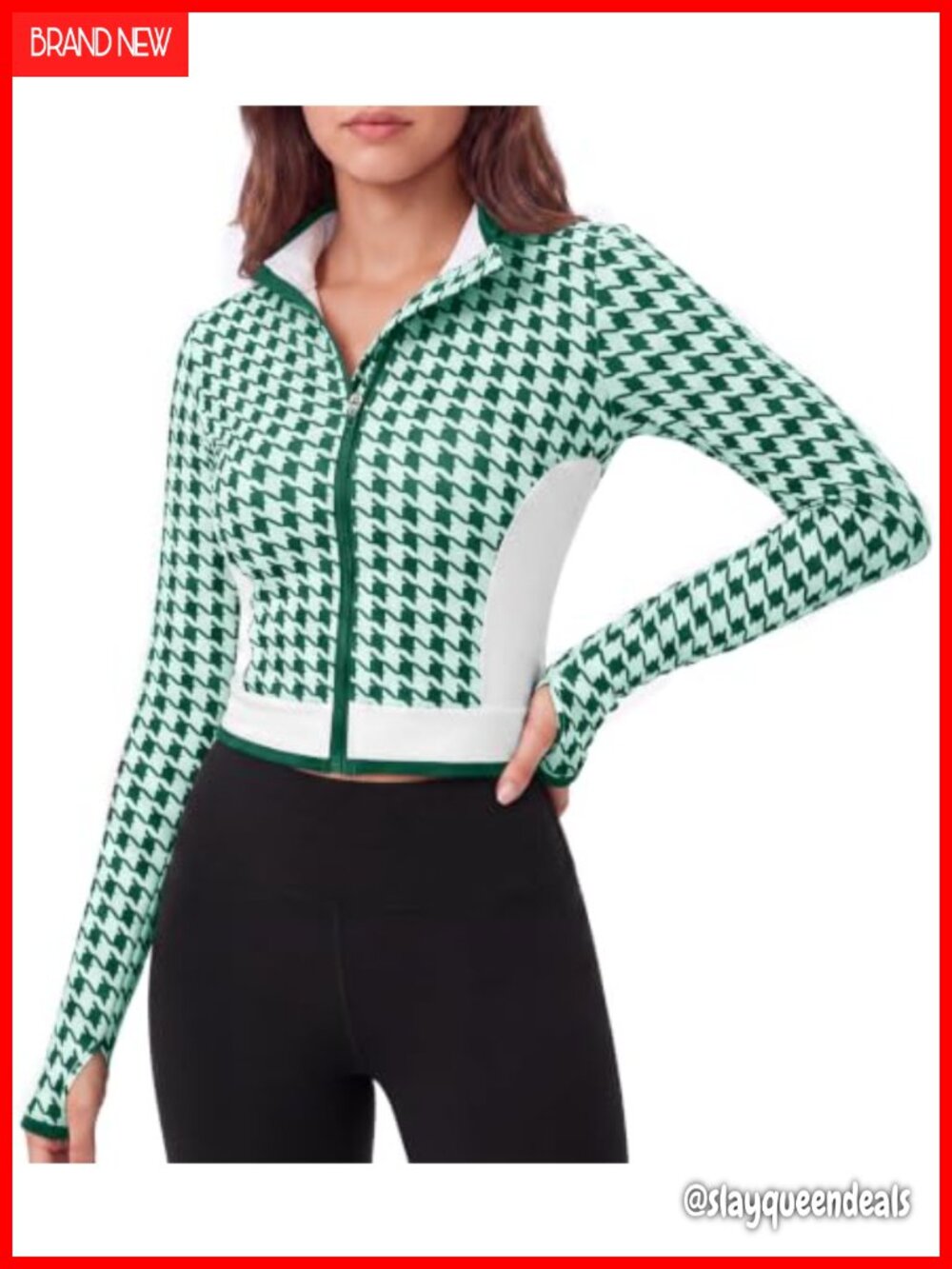 Houndstooth Zip Up Crop Workout Jacket with Thumb Holes Gym Yoga